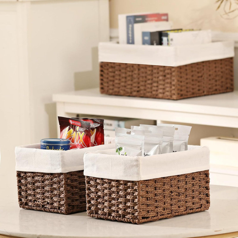 Wicker Basket, Set Of 3 Hand-Woven Storage Baskets For Organizing, Rectangle Wicker Storage Basket Bins With Handles, Small Toilet Paper Storage Baskets For Shelves & Decor