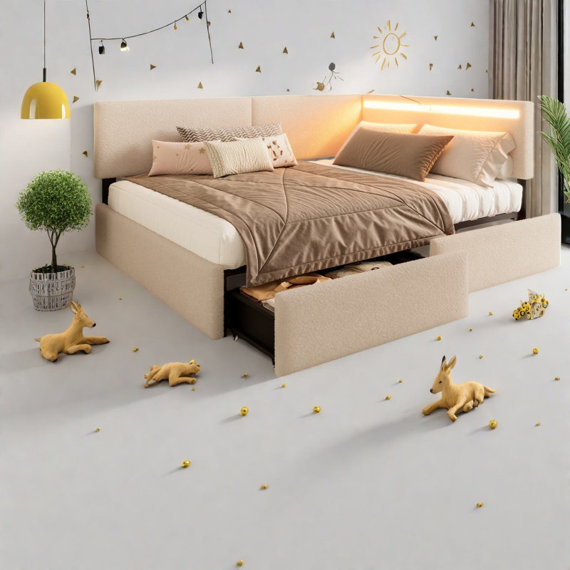 Lits doubles modernes avec rangement, éclairage DEL USB, revêtement en molleton beige et cadre en bois