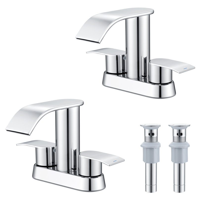 4 in. Centerset Double Handle Waterfall Spout Bathroom Sink Faucet with Pop-up Drain (2 Pack), Chrome