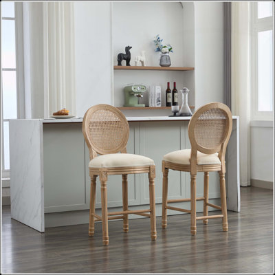 Ensemble de 2 tabourets de bar en bois massif Classic French Country avec dossier rembourré et dossier en filet de rotin