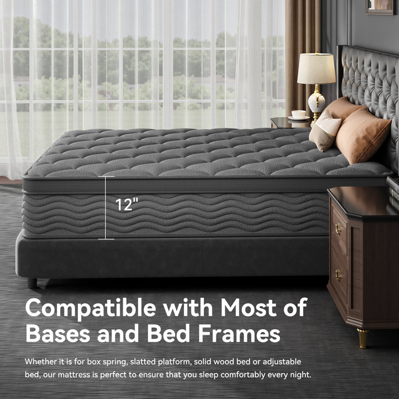 Matelas pour grand lit hybride mi-ferme 12 po, mousse viscoélastique imprégnée de gel et matelas à ressorts ensachés individuels dans une boîte
