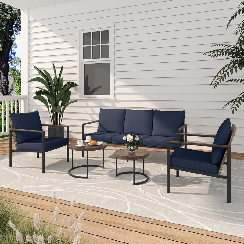 4-Piece All-Weather Wicker Patio Set: 3-Seat Sofa, 2 Chairs,A Tea Table with Cushions - Perfect for Poolside & Backyard, Blue