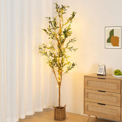 6ft LED Artificial Olive Tree in Woven Basket, Lifelike Faux Plant for Home Office