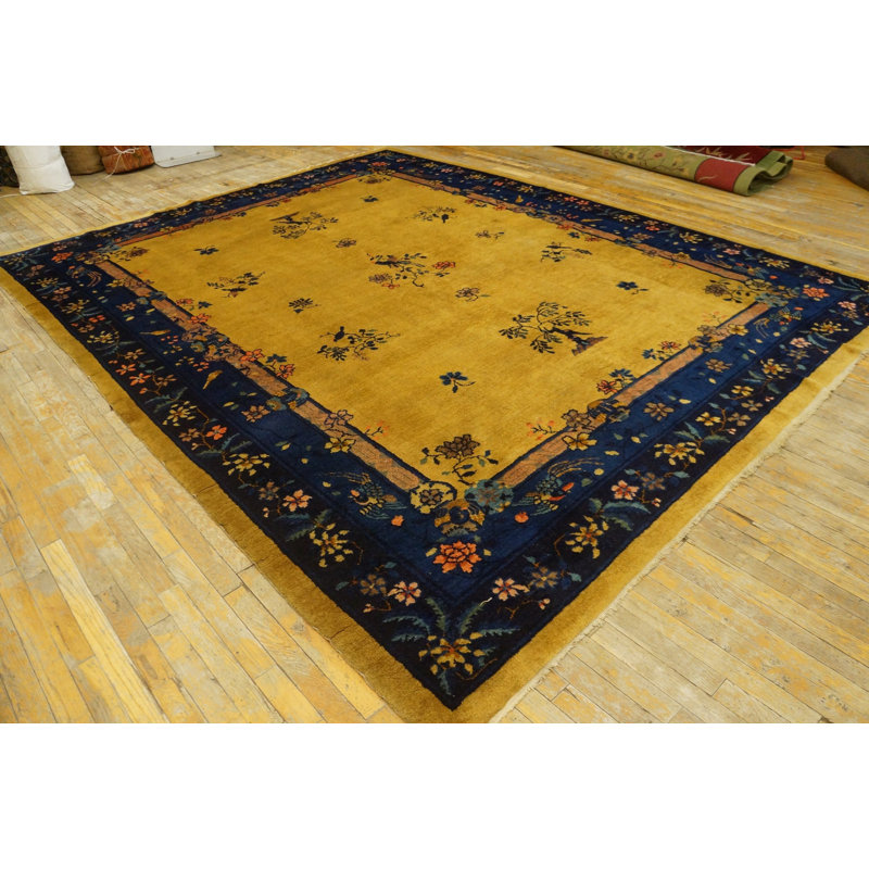 Antique Art Deco Room Size Wool Blue Navy, Yellow Rug