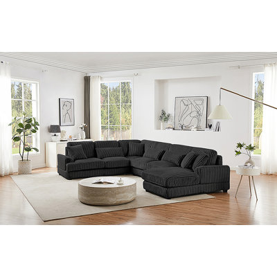 Canapé modulaire surdimensionné de 129 po en forme de U Canapé-lit moderne recouvert de velours côtelé doux avec une chaise longue pour le salon, noir