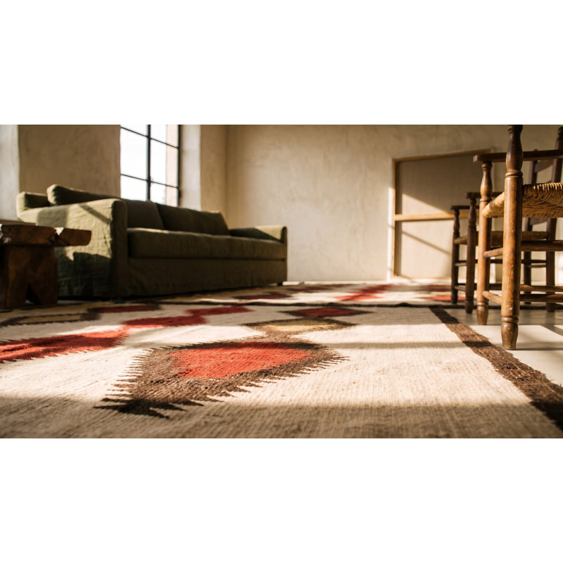 Rectangle Ivory Beige Cream White Allover Geometric 1930s Wool Flat Weave Antique Rug