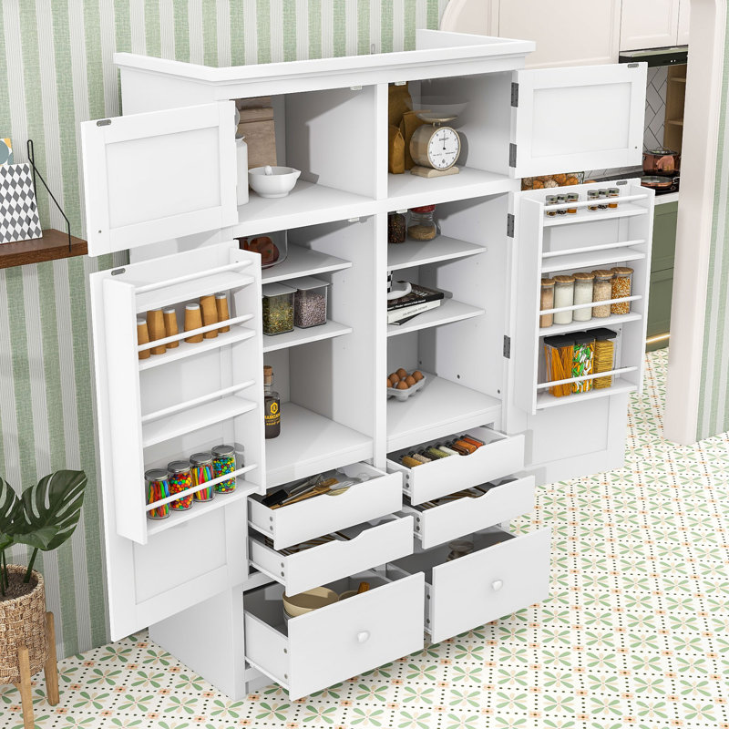 Grand garde-manger avec tablettes réglables, 6 tiroirs, 4 plateaux coulissants et 8 supports de porte, White