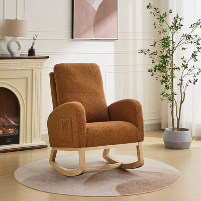 Chaise berçante l 27,2 po pour chambre de bébé, fauteuil coulissant Sherpa avec dossier haut et poche latérale, fauteuil berçant avec pieds en bois d'hévéa pour le salon / la chambre à coucher