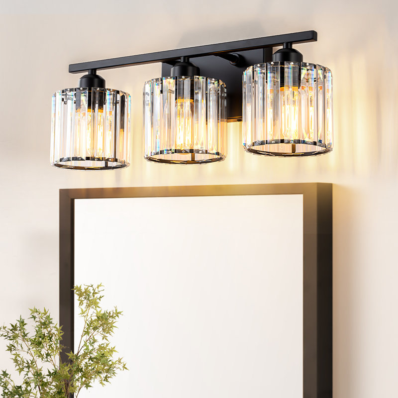 3-Light Dimmable Vanity Light with Cylinder Glass Crystal Shade, Matte Black