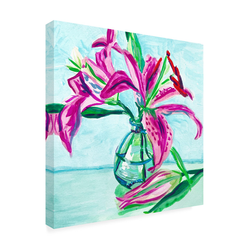 Lis roses sur toile, H 35 po x l 35 po x P 2 po