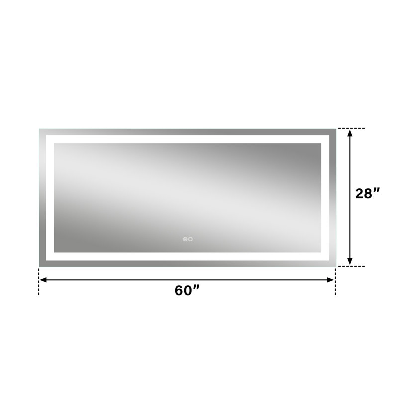 Miroir de salle de bain mural à DEL sans cadre avec interrupteur tactile, 28 po x 60 po