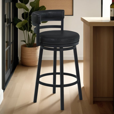 Deherrera Modern Swivel Counter or Bar Stool with Open Low Back and Footrest in Metal and Faux Leather