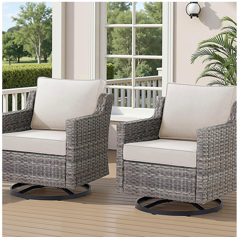 Outdoor Swivel Rocker Patio Chairs Set of 2, Gray Wicker Furniture Swivel Patio Chairs Ideal for Porch, Poolside, Deck, and Yard in Beige