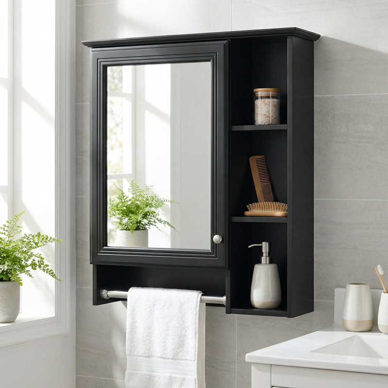 Armoire de salle de bain murale à miroir avec tablette réglable et barre à serviettes intégrée, solution de rangement moderne pour l'organisation du meuble-lavabo