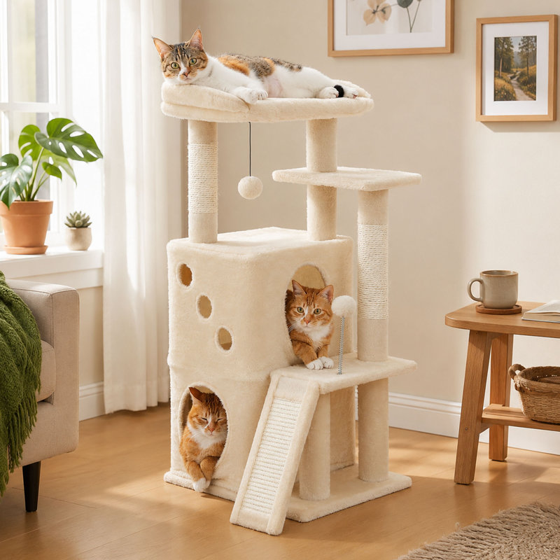 Arbre à chat 34,61 po avec condos doubles, poteaux à griffer et jouets pour chats d'intérieur