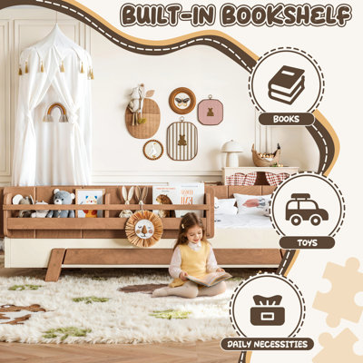Lit double pleine grandeur avec garde-corps et tablettes pleine longueur, lattes en bois massif Montessori, conception à profil bas et bloc de construction enfantin, blanc et naturel