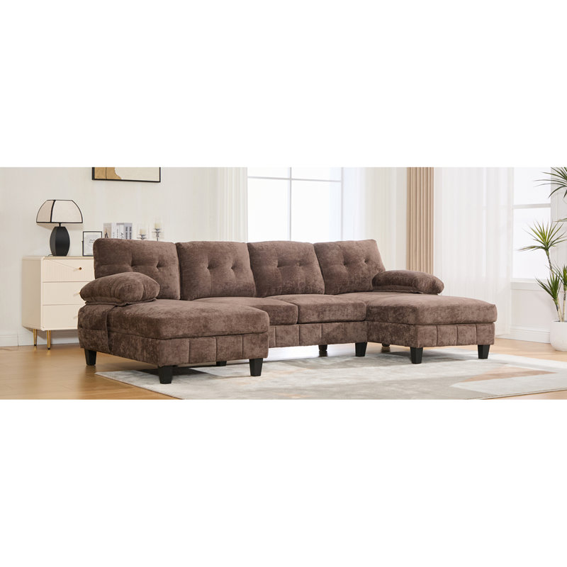 U-Shaped Sectional Sofa 103.5" Chenille Fabric Couch With Dual Chaise Lounges, Storage Pockets And Armrest Pillows For Living Room