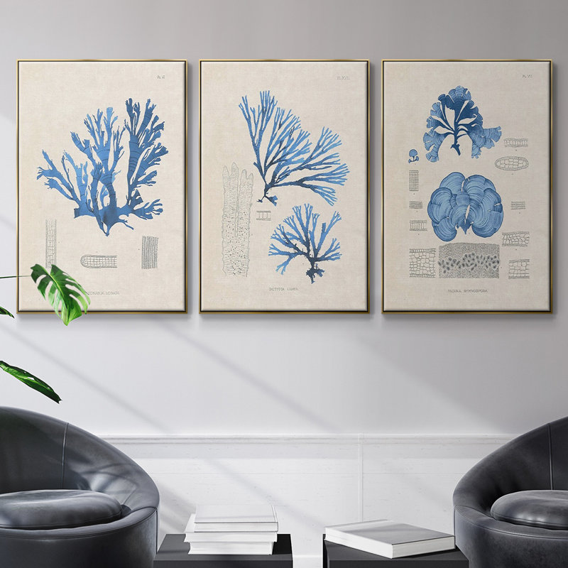 Blue Marine Algae IV - Ensemble de 3 reproductions encadrées sur toile, Or, H 24 po x l 48 po x P 2 po