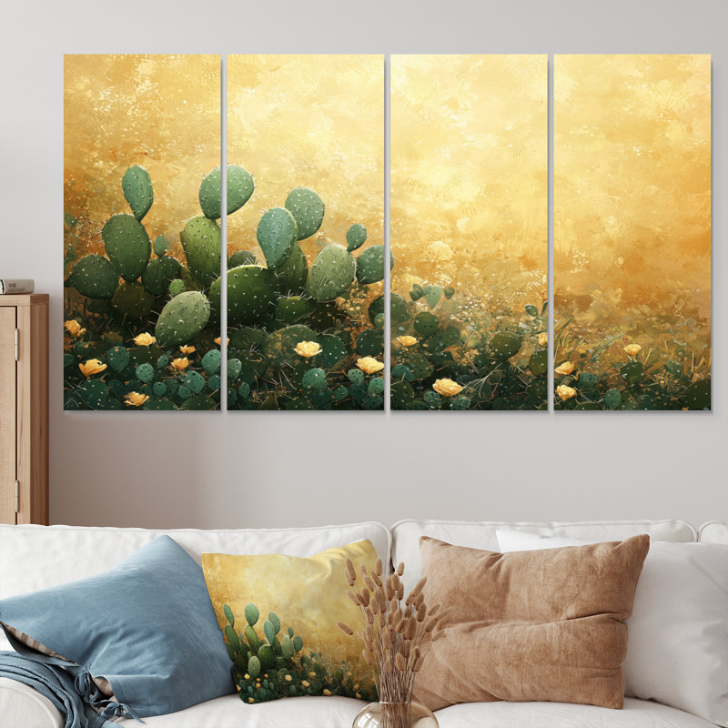 Cactus dans la lumière dorée II - Cactus floral - Art mural traditionnel, H 28 po x l 48 po, 4
