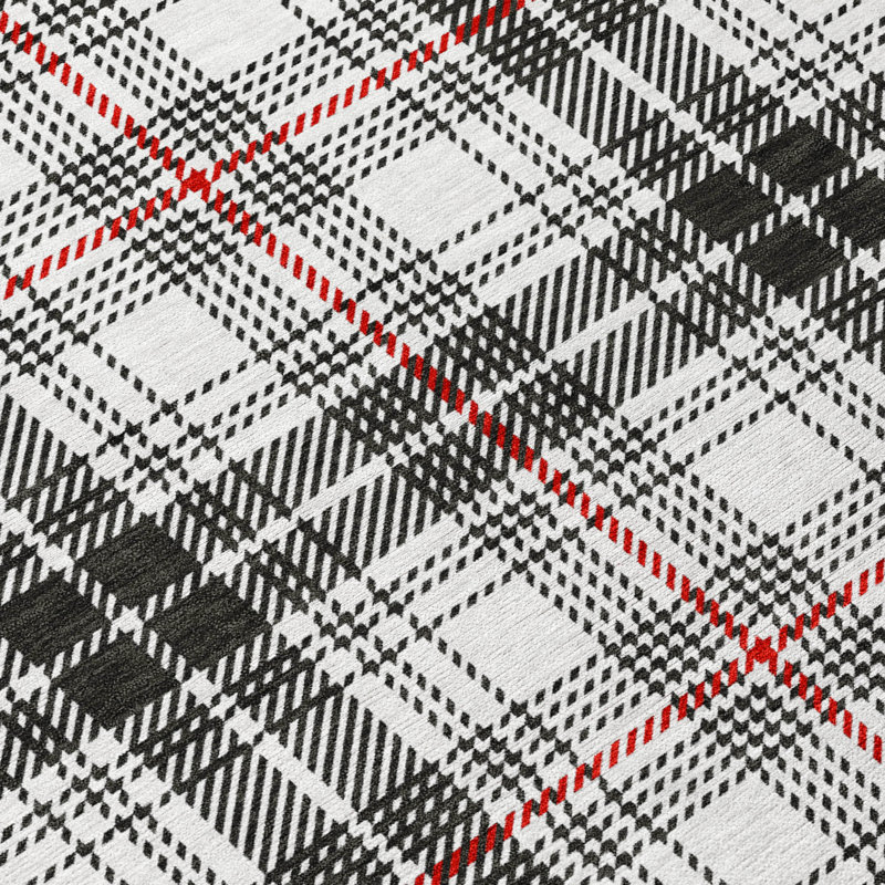 Black and White Round Plaid Synthetic Washable Rug 8'