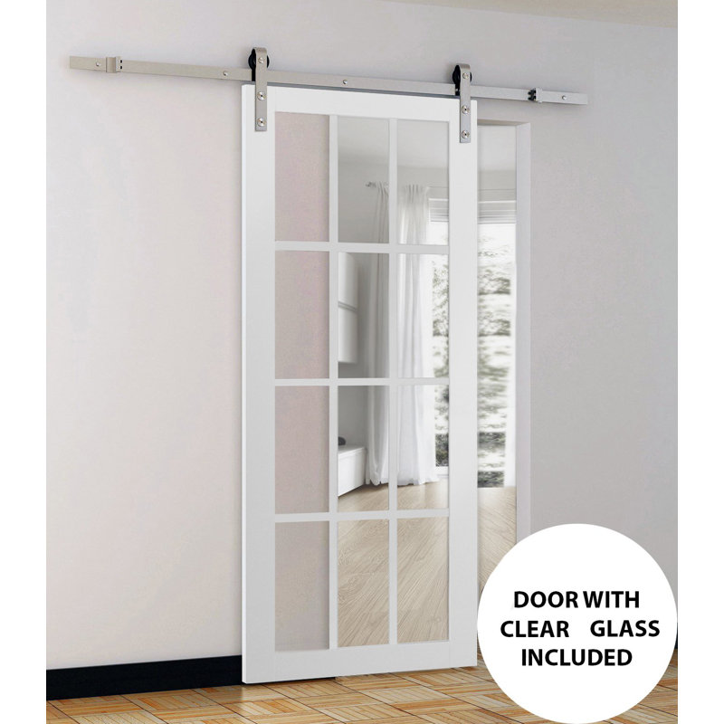 Porte de grange blanche en verre transparent Felicia avec trousse de quincaillerie d'installation, 18 po x 96 po