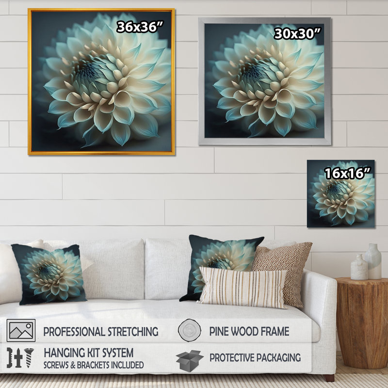 Fleurs de dahlia bleues et blanches V - reproduction sur toile, L 30 po x H 30 po, Toile tendue