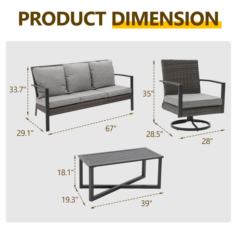 Ensemble de chaises de patio pivotantes avec coussins, Grey