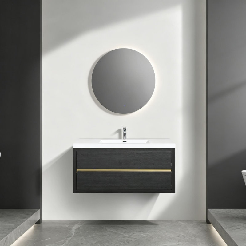 Meuble-lavabo mural de 42 pouces avec comptoir et lavabo en pierre reconstituée, armoire en bois expresso, 2 tiroirs, L 42 po