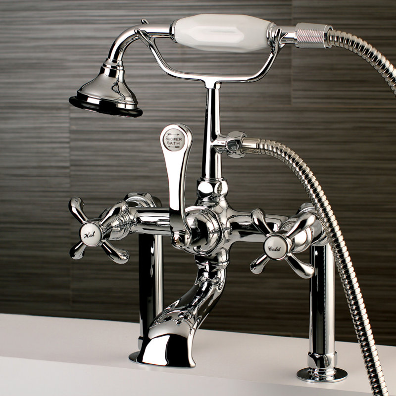 Kingston Brass French Country Three-Handle 2-Hole Deck Mount Clawfoot Tub Faucet with Hand Shower, Polished Chrome