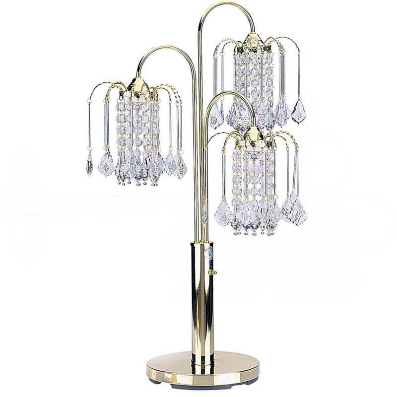 Grande lampe de table en métal avec finition, 3 lustres en cristal, Doré