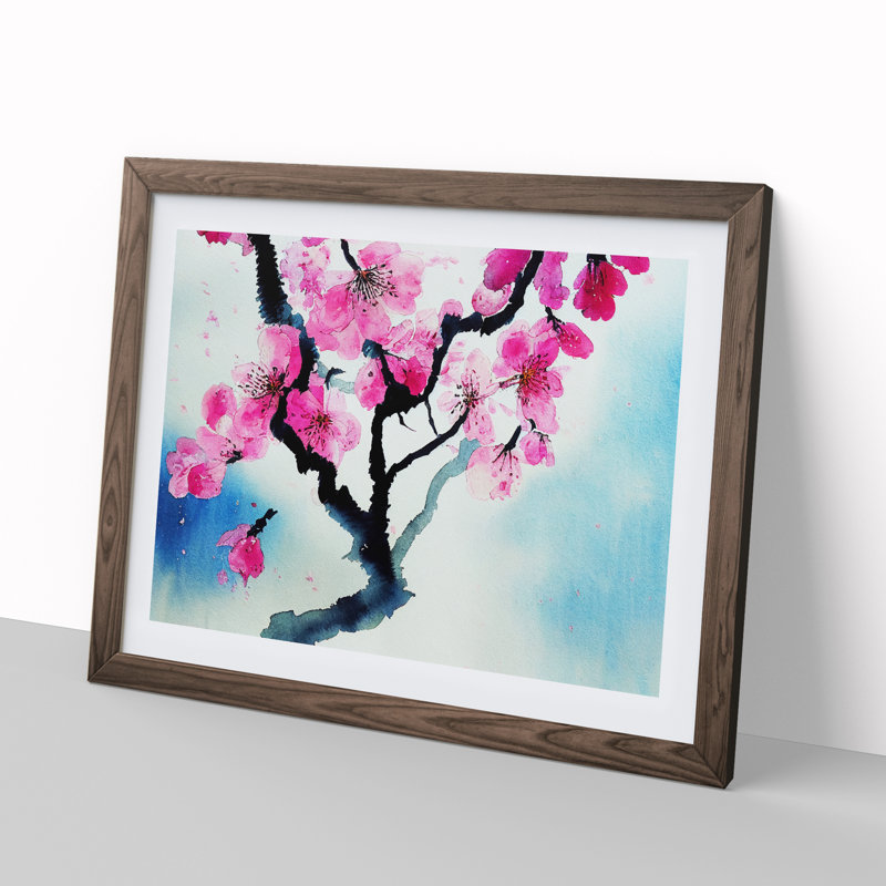 Cherry Blossom Watercolour Flowers Vol.1 - Single Picture Frame Painting, 34cm H x 46cm W x 2cm D, Walnut Framed