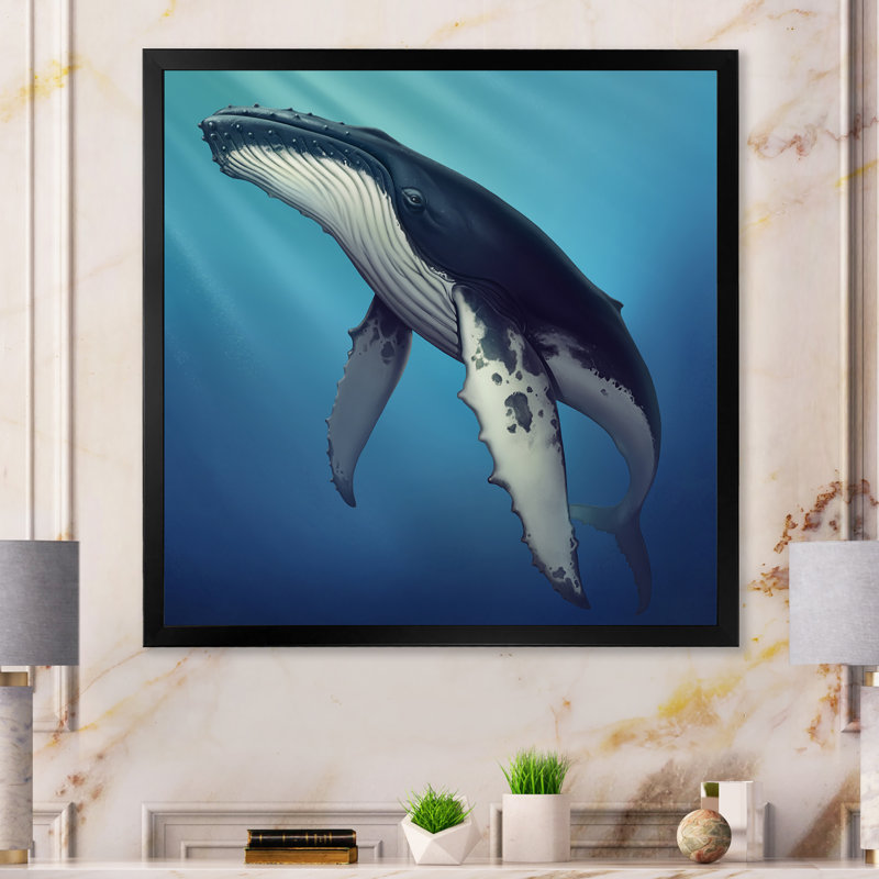 Baleine dans l'océan II - Peinture, Cadre photo noir, H 16 po x l 16 po x P 1 po