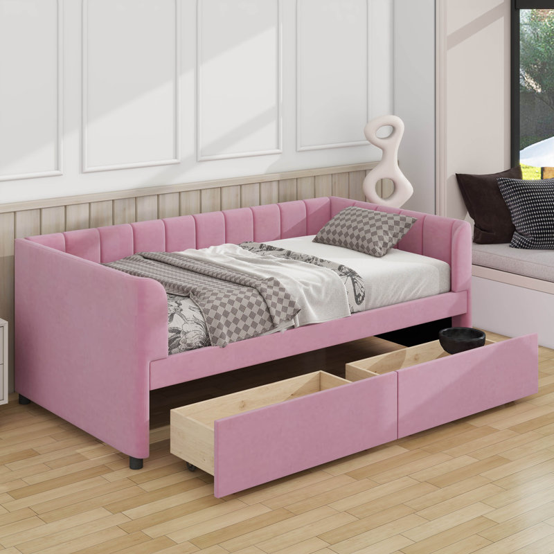 Lit de jour simple tapissier avec tiroirs, Rose