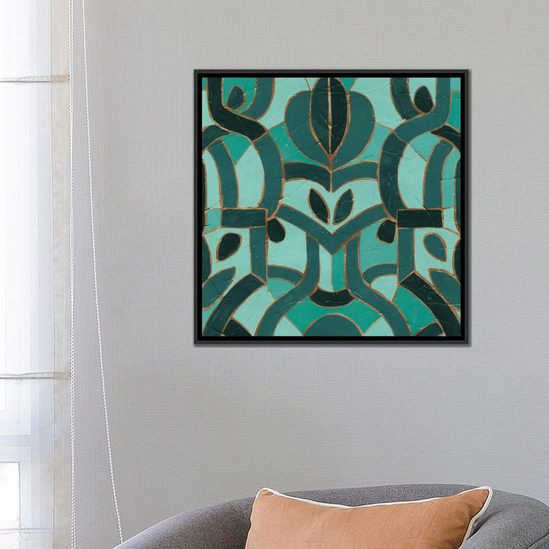 «Turquoise Mosaic I», impression sur toile tendue, H 18 po x l 18 po x P 1,5 po, Toile avec cadre noir, Pas de tapis