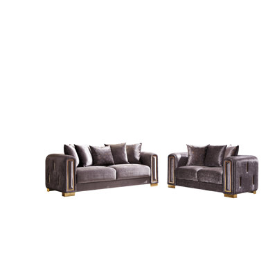 2pc Modern Silver Living Room , Velvet, Gold Decor On Arms And Seats, Furniture Piece In Style, Shimmering - Trimmed Design, Wood Frames