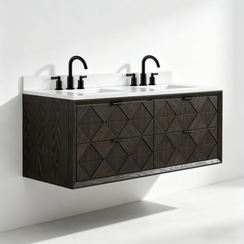 Meuble-lavabo flottant 60 po en bois de chêne brun foncé avec plateau en marbre, Dark Brown Oak