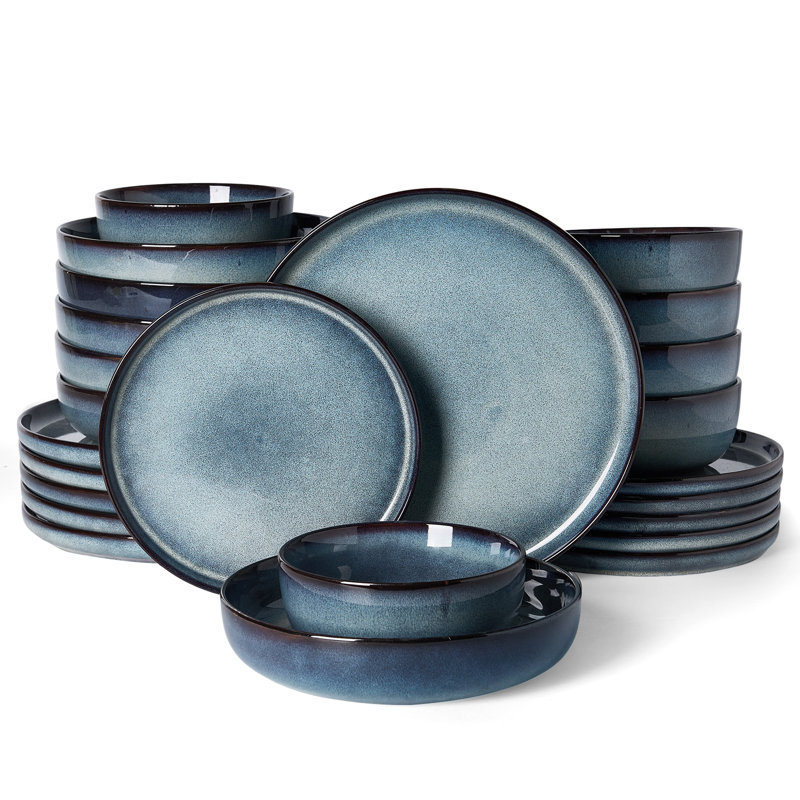 Service de table 24 pièces en grès avec bols à pâtes - service pour 6, bleu cendré, Bleu cendré