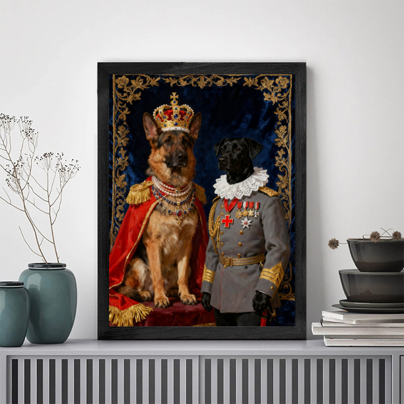 Reproduction d'art encadré noir rétro avec berger allemand et chien, H 25 po x l 17 po