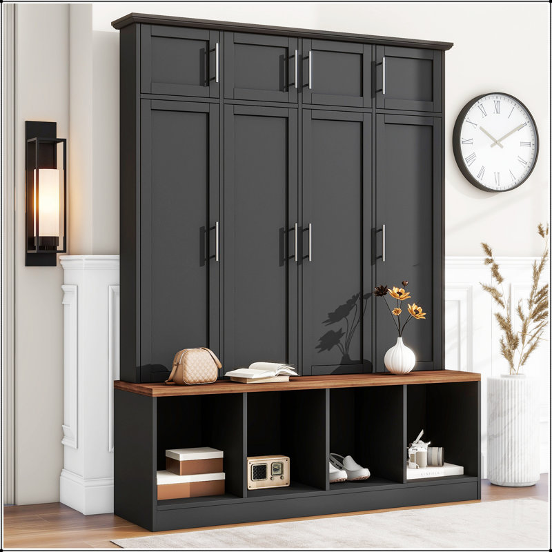 Multi-Functional Hall Tree with 4 Hidden Hanging Hooks, Wood Grain Bench, Black