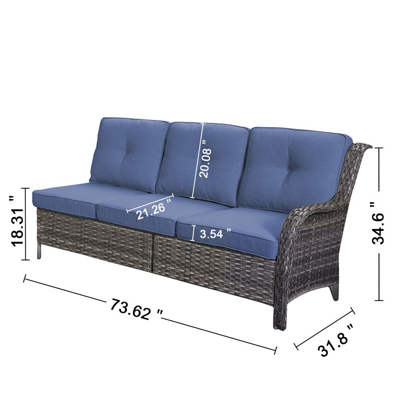 Deb 73.62" Wide Outdoor Wicker Patio Sectional With Cushions, Gray, Blue