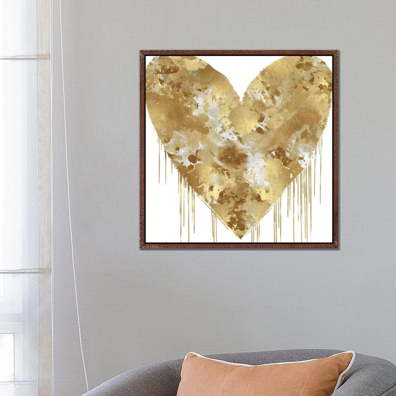 Big Hearted Gold And White by Lindsay Rodgers - Print on Canvas, 66.04cm H x 66.04cm W x 3.81cm D, Classic Brown Wood Framed