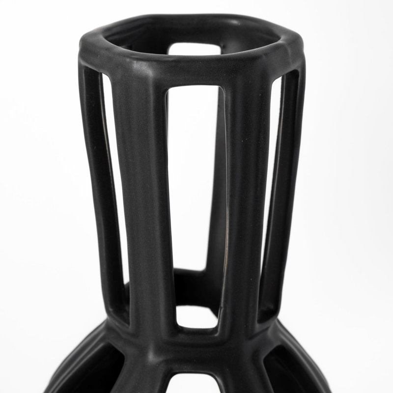 Black Ceramic Pierced Geometric Cylinder Table Vase, 9" H x 4" W x 4" D