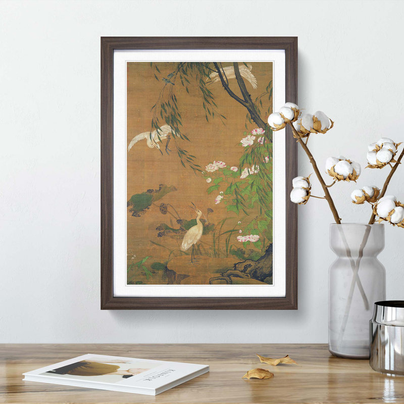 Autumn Egrets & Hibiscus by Lu JI - Single Picture Frame Painting, 33cm H x 24cm W x 2cm D, Walnut  Bordered Framed