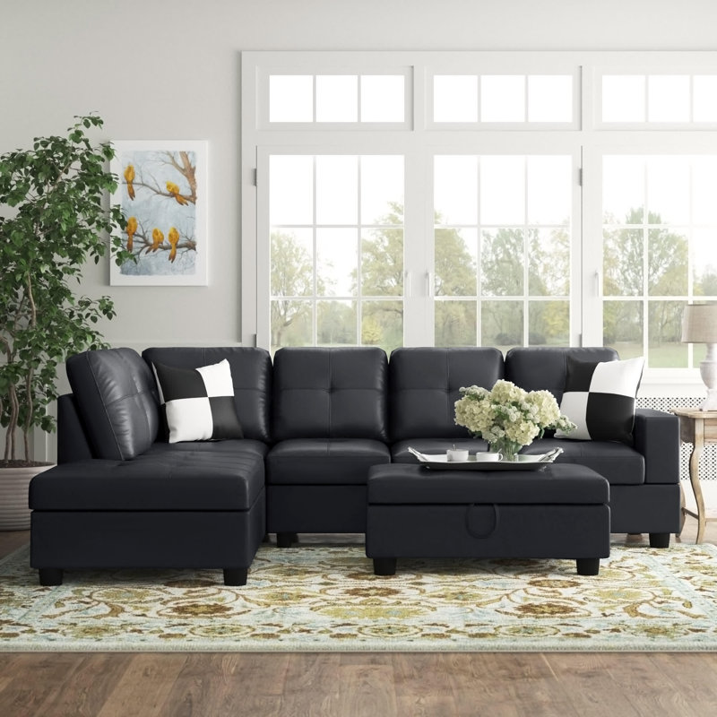 Canapé et chaise longue avec repose-pieds Beesley, Orienté à droite, Noir, Similicuir argent