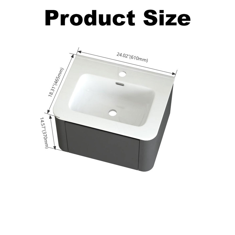 Meuble-lavabo gris avec dimensions de 24 pouces, conception flottante, lavabo en céramique blanche, 45 poignées en angle, tiroir à fermeture en douceur, imperméable, rangement spacieux, style européen pour la salle de bain, petites salles de bain idéales