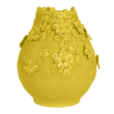 Remi Flower Vase, Decorative Yellow Ceramic W Floral Motifs, 11 Inch