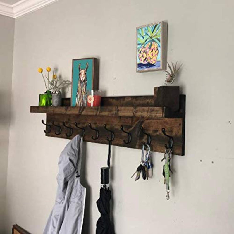 Faine Wood Tiered Shelf with Hooks, 9.25" H x 36" W x 5" D