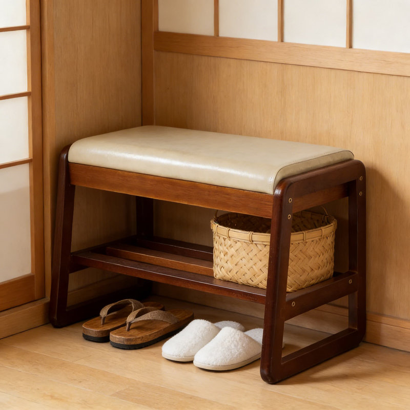 Banc à chaussures Mid-Century moderne en bois massif avec rangement, banc d'entrée à 2 niveaux avec siège rabattable et coussin pour l'organisation du couloir et du vestibule