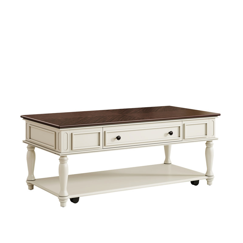 Table basse Mid-Century rétro avec un tiroir, roulettes sur roulettes, fabrication en bois massif, couleur noyer et blanc, espace de rangement spacieux pour le café, structure en pin verrouillable, pieds en caoutchouc, placage