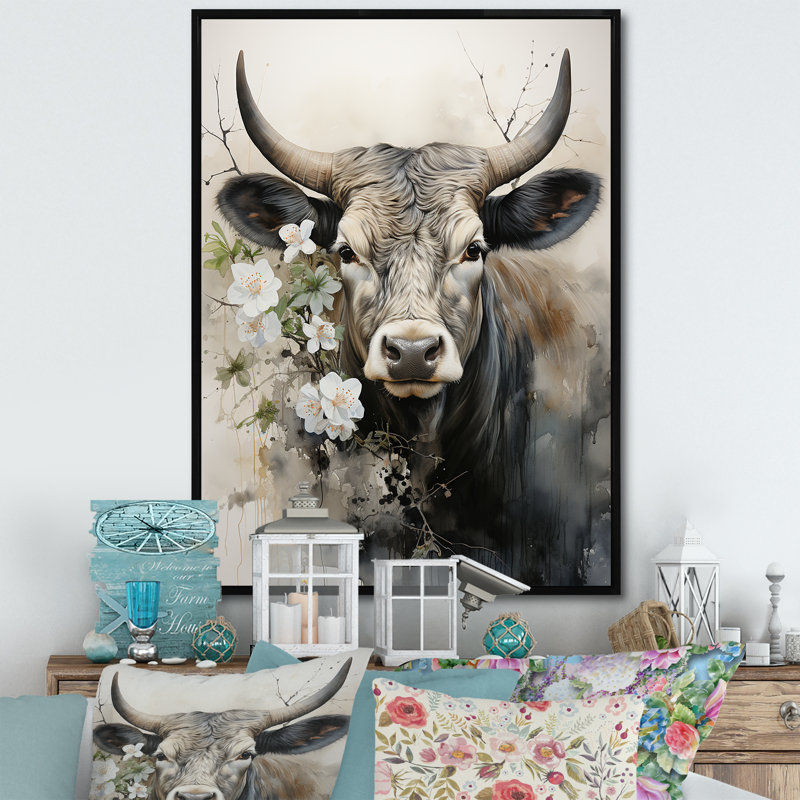 Baylian, art asiatique, vache Sumi X, Cadre flottant noir, H 32 po x l 24 po x P 1 po